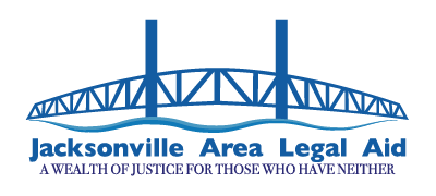 A drawing of a bridge with text underneath saying "Jacksonville Area Legal Aid" and "A Wealth of Justice For Those Who Have Neither"